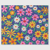 Retro Kleurrijke Boho Bloemen op Marineblauw Cadeaupapier (Vlak)