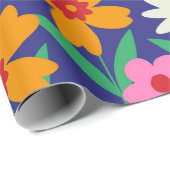 Retro Kleurrijke Boho Bloemen op Marineblauw Cadeaupapier (Rol Hoek)