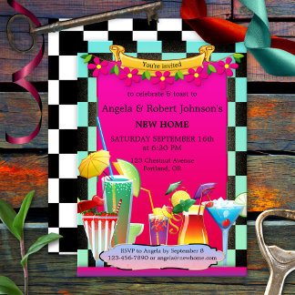 Retro Kleurrijke Cocktail Party Housewarming Kaart