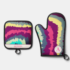 Retro Kleurrijke Curvy Groovy Patroon Ovenwant & Pannenlap Set