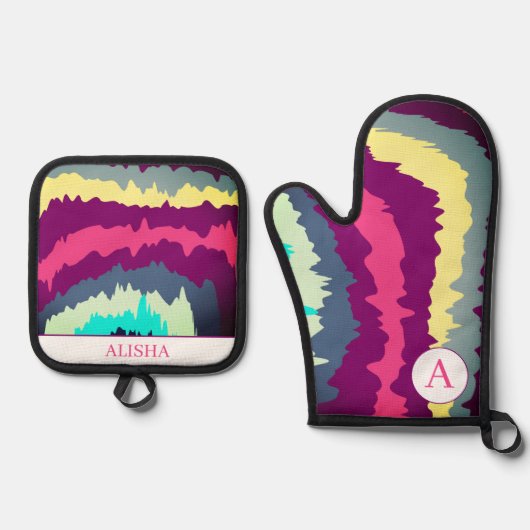 Retro Kleurrijke Curvy Groovy Patroon Ovenwant & Pannenlap Set (Voorkant)