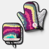 Retro Kleurrijke Curvy Groovy Patroon Ovenwant & Pannenlap Set (Voorkant / Achterkant)
