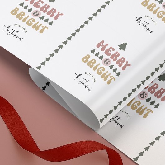Retro Kleurrijke familienaam Merry & Bright Feeste Cadeaupapier