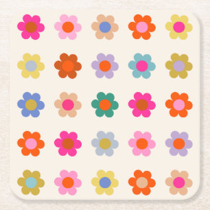 Retro Kleurrijke Floral Preppy Abstract Flowers Kartonnen Onderzetters