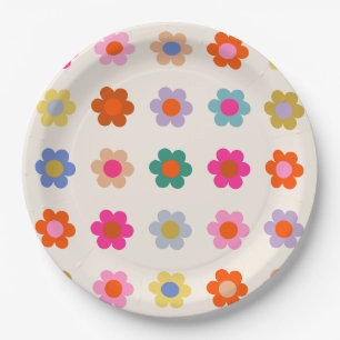 Retro Kleurrijke Floral Preppy Abstract Flowers Papieren Bordje