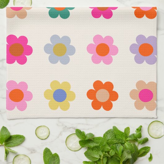 Retro Kleurrijke Floral Preppy Abstract Flowers Theedoek (Gevouwen)