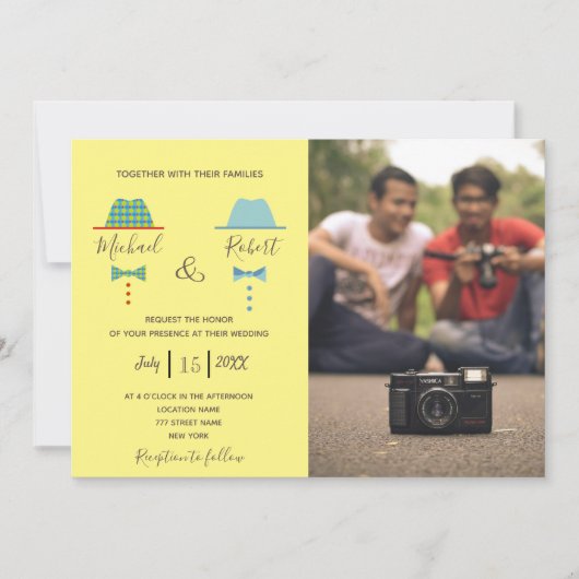 Retro Kleurrijke Gay Fotobruiloft Kaart (Voorkant)