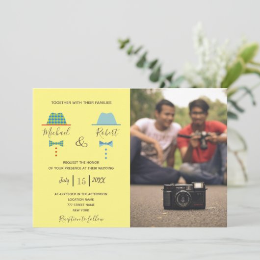 Retro Kleurrijke Gay Fotobruiloft Kaart (Staand voorkant)