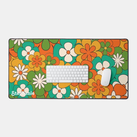 Retro Kleurrijke Groovy Flower Script naam Bureaumat (Keyboard & Muis)