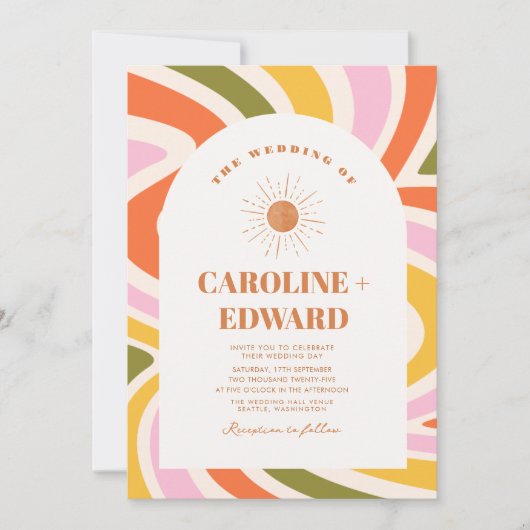 Retro Kleurrijke Groovy Wavy Boho Bruiloft QR Code Kaart (Voorkant)