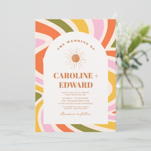 Retro Kleurrijke Groovy Wavy Boho Bruiloft QR Code Kaart (Staand voorkant)