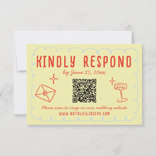 Retro Kleurrijke Hand Getrokken Unieke QR Code Huw RSVP Kaartje (Voorkant)