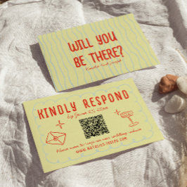 Retro Kleurrijke Hand Getrokken Unieke QR Code Huw RSVP Kaartje