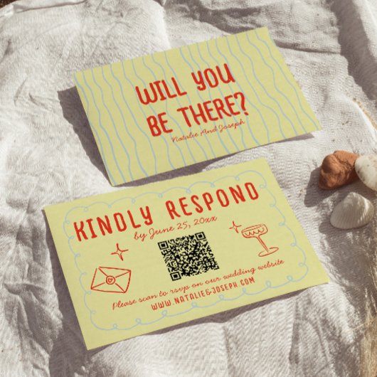 Retro Kleurrijke Hand Getrokken Unieke QR Code Huw RSVP Kaartje