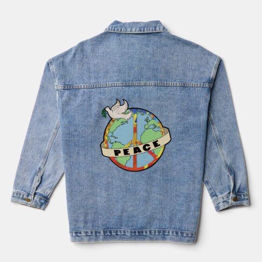 Retro Kleurrijke Hand Getrokken Wereldvrede met Du Denim Jacket (Achterkant)
