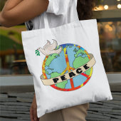Retro Kleurrijke Hand Getrokken Wereldvrede met Du Tote Bag