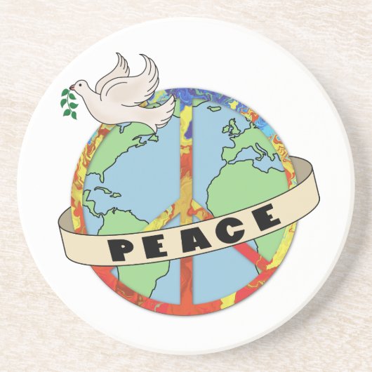 Retro Kleurrijke Hand Getrokken Wereldvrede met Du Zandsteen Onderzetter (Voorkant)
