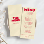 Retro Kleurrijke Heldere Funky Bold Moderne Bruilo Menu<br><div class="desc">Een kleurrijke retro funky moderne perzik geel bruiloft diner menu. Die chique sjabloon ontwerp van boho  melkachtig witte achtergrond en felrode magenta typografie en met de hand geschreven menu in het blauw. En heldere groene achtergrond. Perfect en passend bij de hele suite.</div>