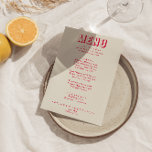 Retro Kleurrijke Heldere Funky Modern Bold Bruilof Menu<br><div class="desc">Een kleurrijke retro funky moderne lichte bruiloft diner menu. Wat chique sjabloon ontwerp van boho  bord beige crème achtergrond en vet typografie menu in blauw rood magenta .. Perfect en passend bij de hele suite.</div>