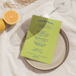 Retro Kleurrijke Heldere Funky Moderne Boho Bruilo Menu<br><div class="desc">Een kleurrijke retro funky moderne lichte bruiloft diner menu. Wat een chique sjabloon ontwerp van boho  bleek groene achtergrond en blauwe typografie en handgeschreven menu in het blauw. En heldere groene achtergrond. Perfect en passend bij de hele suite.</div>