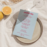 Retro Kleurrijke Heldere Funky Moderne Trendy Brui Menu<br><div class="desc">Een kleurrijke retro funky moderne lichte bruiloft diner menu. Wat een chique sjabloon ontwerp van boho  hemelsblauwe achtergrond en rode magenta typografie en handgeschreven menu in het rood. Perfect en passend bij de hele suite.</div>