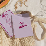 Retro Kleurrijke Heldere Funky Moderne Trendy Brui Menu<br><div class="desc">Een kleurrijke retro funky moderne lichte bruiloft diner menu. Met chique sjabloon ontwerp van boho  lavendel achtergrond en bordeaux typografie en met de hand geschreven menu maaltijden met hand getekend lijst. Perfect en passend bij de hele suite.</div>