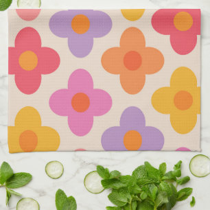 Retro Kleurrijke Hippie Mod Bloemen Patroon Theedoek