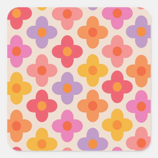 Retro Kleurrijke Hippie Mod Bloemenpatroon  Vierkante Sticker (Voorkant)