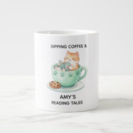Retro Kleurrijke Kat Aangepaste Naam Lezen Koffiem Grote Koffiekop