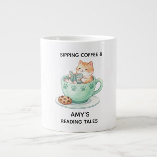 Retro Kleurrijke Kat Aangepaste Naam Lezen Koffiem Grote Koffiekop