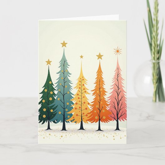 Retro Kleurrijke Kerstbomen Kaart (Voorkant)