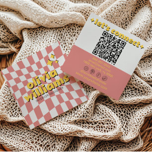 Retro Kleurrijke Krachtige QR Code Groovy Geruite  Vierkante Visitekaartje