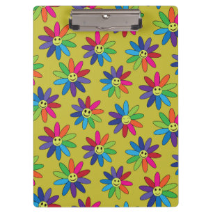 Retro Kleurrijke Lachende Bloemen in regenboogkleu Klembord