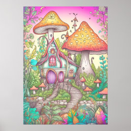 Retro Kleurrijke Paddestoel Bos Woning Poster
