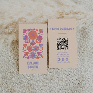 Retro Kleurrijke QR Code Groovy Floral Funky Boho Visitekaartje