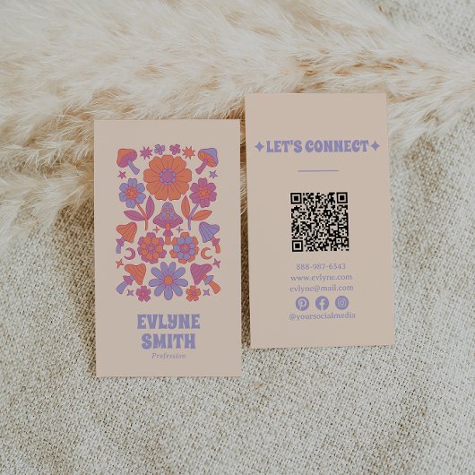 Retro Kleurrijke QR Code Groovy Floral Funky Boho Visitekaartje