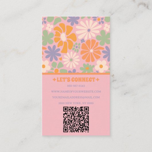 Retro Kleurrijke QR Code Groovy Floral Girly Drawn Visitekaartje (Achterkant)