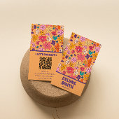 Retro Kleurrijke QR Code Groovy Floral Trendy Boho Visitekaartje