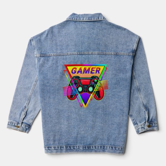 Retro Kleurrijke Regenboog Gamer Computer Gaming Denim Jacket (Achterkant)