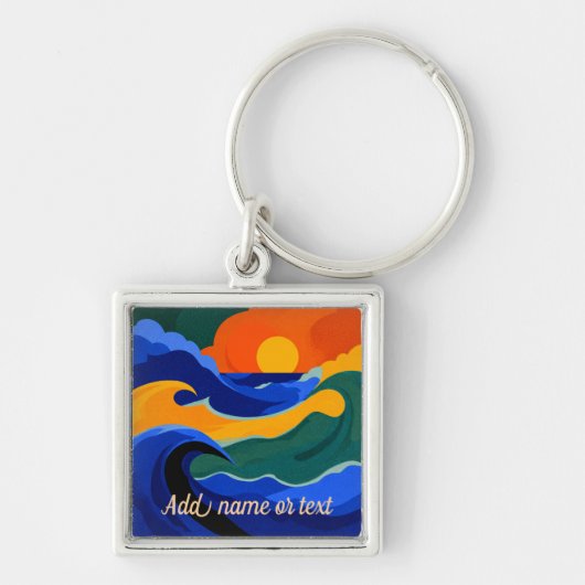 Retro Kleurrijke Surf Golf & Zonsondergang Custom Sleutelhanger (Voorkant)