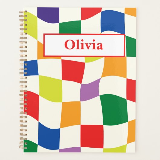 Retro Kleurrijke Verwrongen Checkerboards Aangepas Planner (Voorkant)