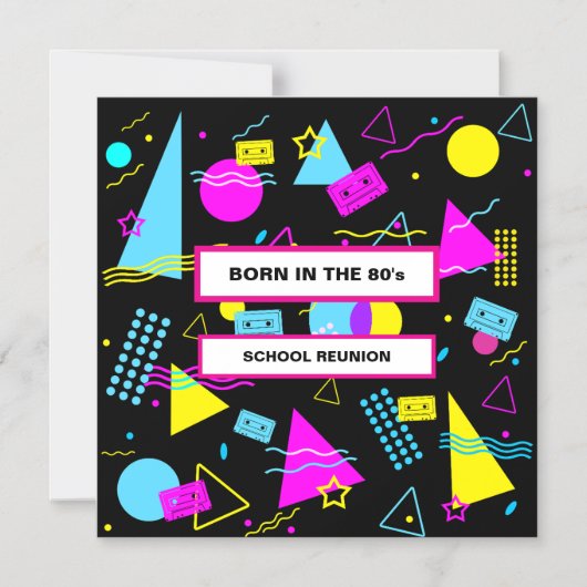 RETRO KLEURRIJKE VORMEN GEBOREN 80'S SCHOOL REÜNIE MAGNETISCHE UITNODIGING (Voorkant)