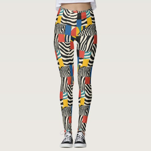 Retro Kleurrijke Zebra Block Patroon Leggings (Voorkant)