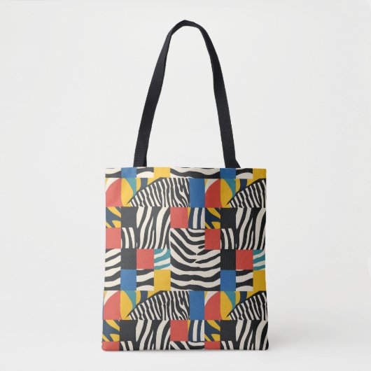 Retro Kleurrijke Zebra Block Patterned Fabric Tote Bag (Voorkant)