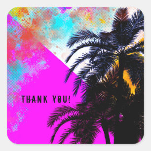 Retro Kleurrijke Zomerstrandfeest Palmboom Bomen Vierkante Sticker