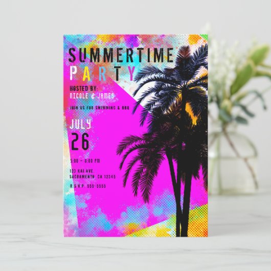 Retro Kleurrijke Zomerstrandfeest Palmboom Kaart (Staand voorkant)