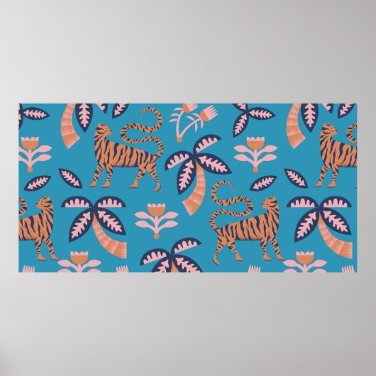  retro-kleurtijger, palmboom, bloemnaadloos poster (Voorkant)