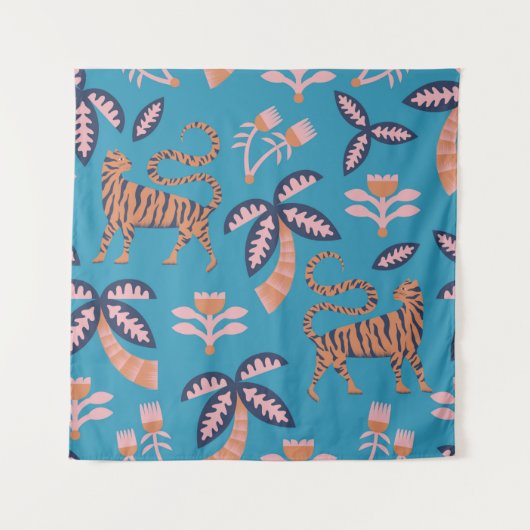retro-kleurtijger, palmboom, bloemnaadloos wandkleed (Voorkant)