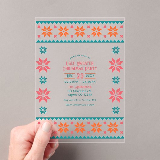 Retro Knit Ugly Sweater Christmas Party Acryl Uitnodigingen (Insitu (Draagbaar))