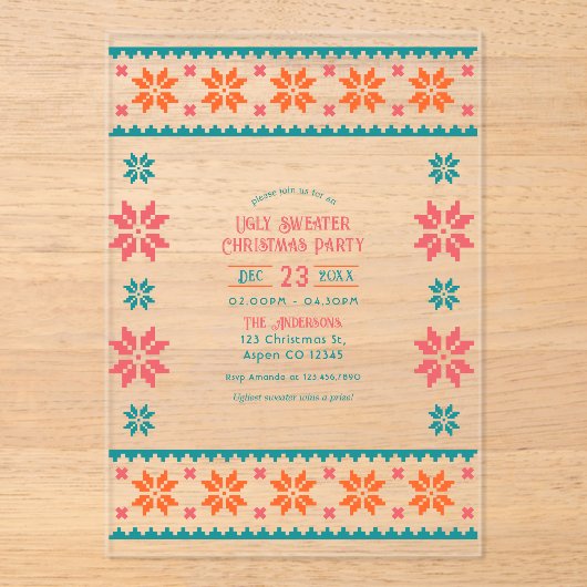 Retro Knit Ugly Sweater Christmas Party Acryl Uitnodigingen (Voorkant)